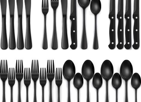 24-Piece Black Silverware Set with Steak Knives, Black Flatware Set for 4, Food-Grade Stainless Steel Tableware Cutlery Set, Mirror Finished Utensil Sets for Home Restaurant